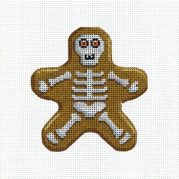 Halloween Needlepoint / Hand Painted Halloween Canvas / Black, Orange / Halloween Cookie / Skeleton Needlepoint