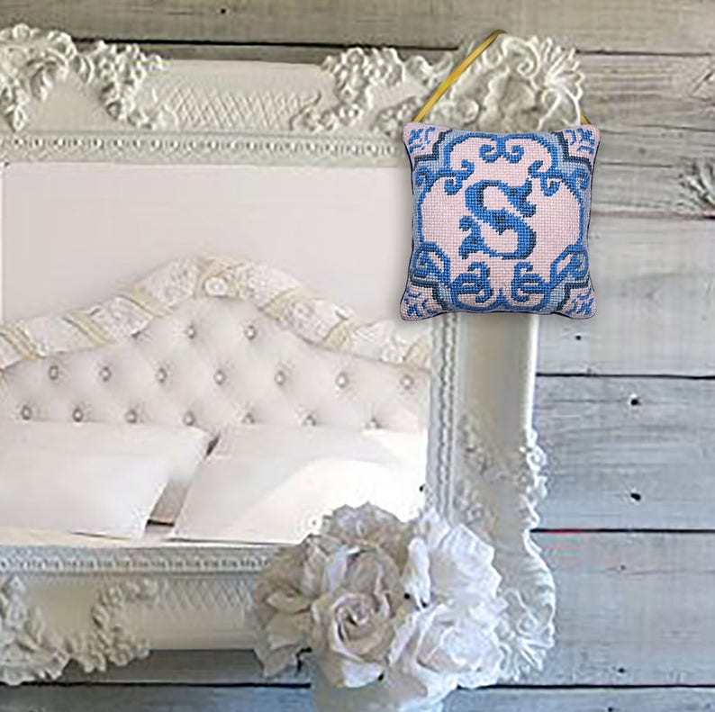 Handpainted Needlepoint Monogram Canvas Blue and White Etsy