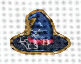 Halloween Needlepoint / Hand Painted Halloween Canvas / Black, Blue, Red / Halloween Cookie / Witch's Hat Needlepoint