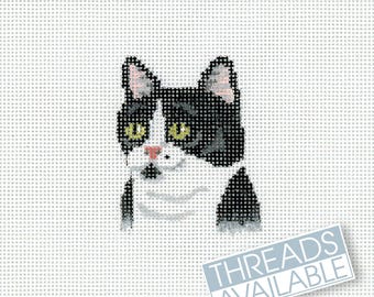Black and White Tuxedo Cat Needlepoint Canvas/Hand Painted Needlepoint Canvas/Tiny Cat Needlepoint Canvas