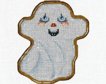 Halloween Needlepoint / Hand Painted Halloween Canvas / White, Blue / Halloween Cookie / Ghost Needlepoint