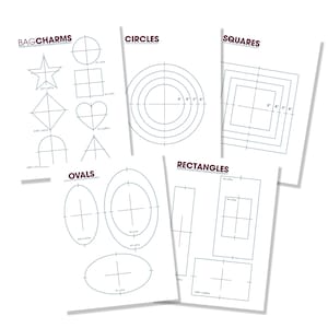 May include: Five white sheets featuring blue line drawings of shapes labeled Bag Charms, Circles, Squares, Ovals, and Rectangles. Each shape includes crosshairs and specific imperial measurements in inches, such as 3, 4, 5, and 6 inches for the circles and squares.