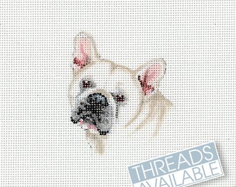 French Bulldog Needlepoint/Tiny White Frenchie/Dog Needlepoint Canvas/Hand Painted