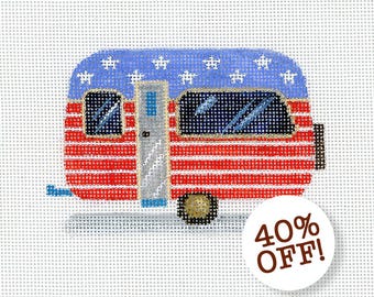 Patriotic Needlepoint Canvas  Red, White and Blue Needlepoint  American Flag Colors Needepoint  Camping Trailer