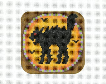 Punto de aguja de Halloween / Lienzo de Halloween pintado a mano / Negro, Naranja / Galleta de Halloween / Punto de aguja de gato