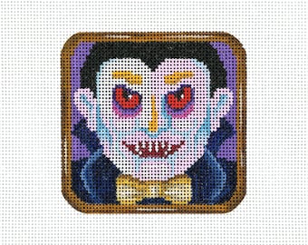 Halloween Needlepoint / Hand Painted Halloween Canvas / Black, Orange / Halloween Cookie / Dracula Needlepoint