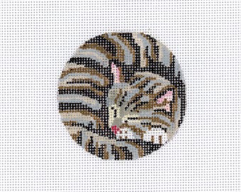 Hand Painted Needlepoint - Round Animal Ornament - Grey Tabby Cat