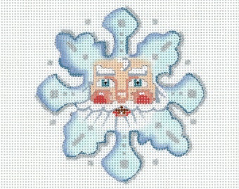 Needlepoint Santa / Hand Painted Santa Canvas / Blue and White / Santa Snowflake