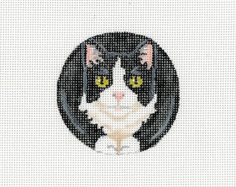 Needlepoint Cat / Black and White Tuxedo Cat / Hand Painted Needlepoint / Round Animal Ornament