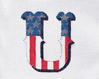 Needlepoint Monogram U in American Flag Colors / Patriotic Needlepoint / Red, White and Blue