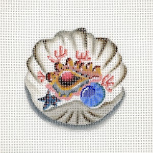 NEEDLEPOINT SALE /Needlepoint Sea Shell Canvas / Clam Shell with Blue Nautilus