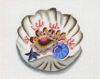 NEEDLEPOINT SALE /Needlepoint Sea Shell Canvas / Clam Shell with Blue Nautilus