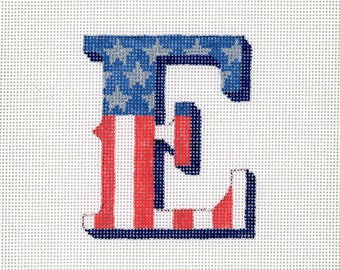 Needlepoint Monogram E in American Flag Colors / Patriotic Needlepoint / Red, White and Blue