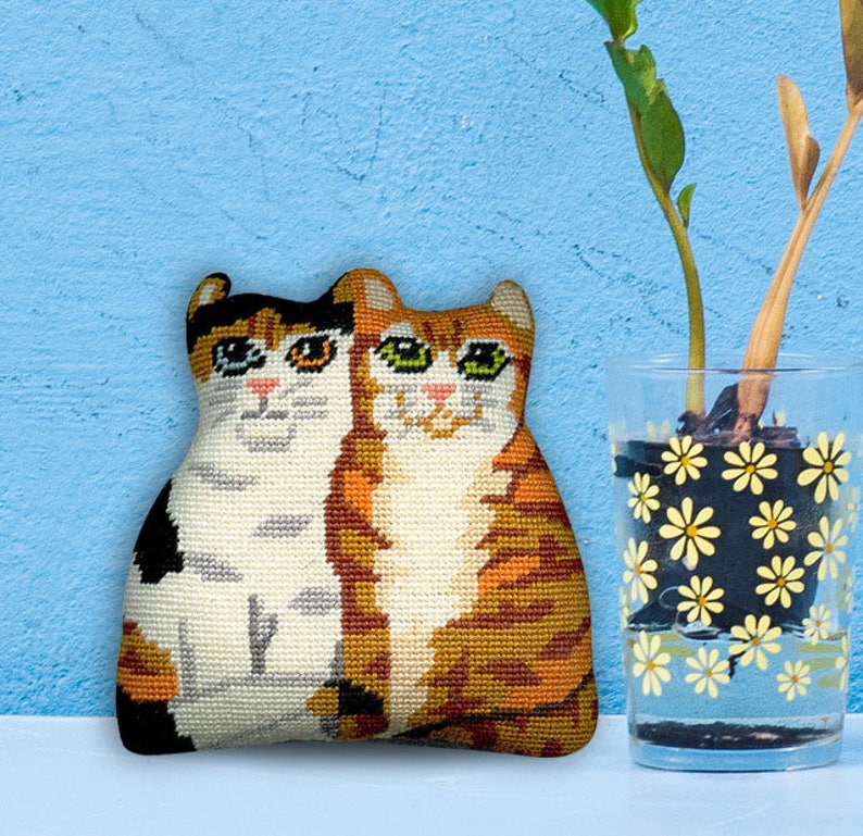 Hand Painted Needlepoint Cat Canvas Black Gold Orange Etsy