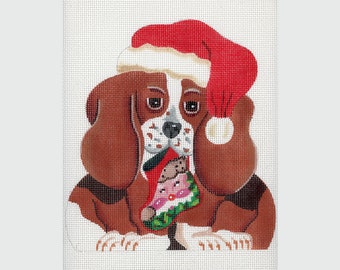 NEEDLEPOINT SALE/ Hand Painted Needlepoint Christmas Basset Hound Canvas