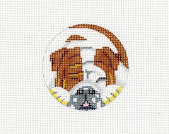 Hand Painted Needlepoint Dog - Round Bulldog Ornament