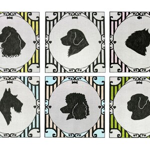 May include: Six different dog breed silhouettes on a white background. Each silhouette is framed in a circle with a black and white striped border. The circles are on a background of yellow, green, blue, pink, and beige stripes.