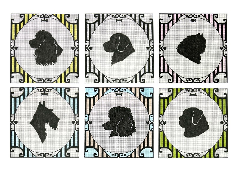 May include: Six different dog breed silhouettes on a white background. Each silhouette is framed in a circle with a black and white striped border. The circles are on a background of yellow, green, blue, pink, and beige stripes.