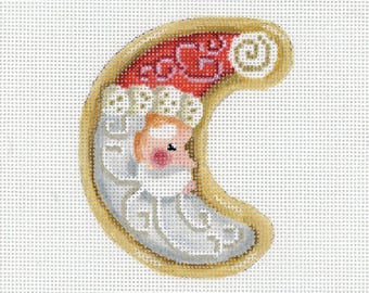Santa Needlepoint / Painted Needlepoint / Hand Painted Santa Canvas / Red / Half Moon Santa Cookie