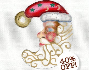 Needlepoint Handpainted Santa Ornament - Red Half Moon