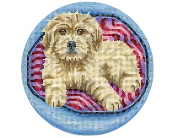 Dog Needlepoint Canvas/Hand Painted Needlepoint Canvas/Golden Doodle Pup on a Dog Bed