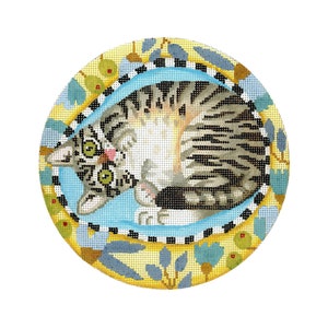 Cat Needlepoint Canvas/Hand Painted Needlepoint Canvas/Grey Tabby Cat on a Kitty Bed