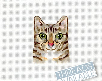 Cat Needlepoint Canvas/Hand Painted Needlepoint Canvas/Tiny Grey Tabby Cat