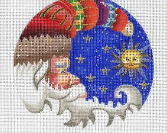 Santa Needlepoint Canvas / Painted Needlepoint / Red, Blue, White, Gold / Half Moon Santa / Needlepoint Christmas Ornament