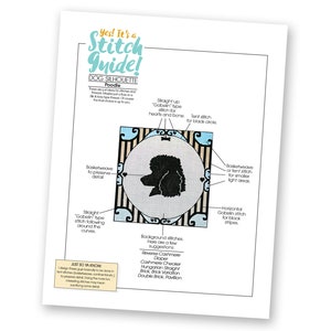 May include: A black and white illustration of a poodle dog with stitch guide instructions for embroidery. The guide includes stitch types, such as basketweave, tent, and gobelin, and background stitch suggestions, such as reverse cashmere, diaper, and cashmere checker.