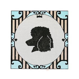 May include: A black silhouette of a poodle's head is centered in a white circle. The circle is surrounded by a brown and beige striped pattern with blue and white swirls in the corners.