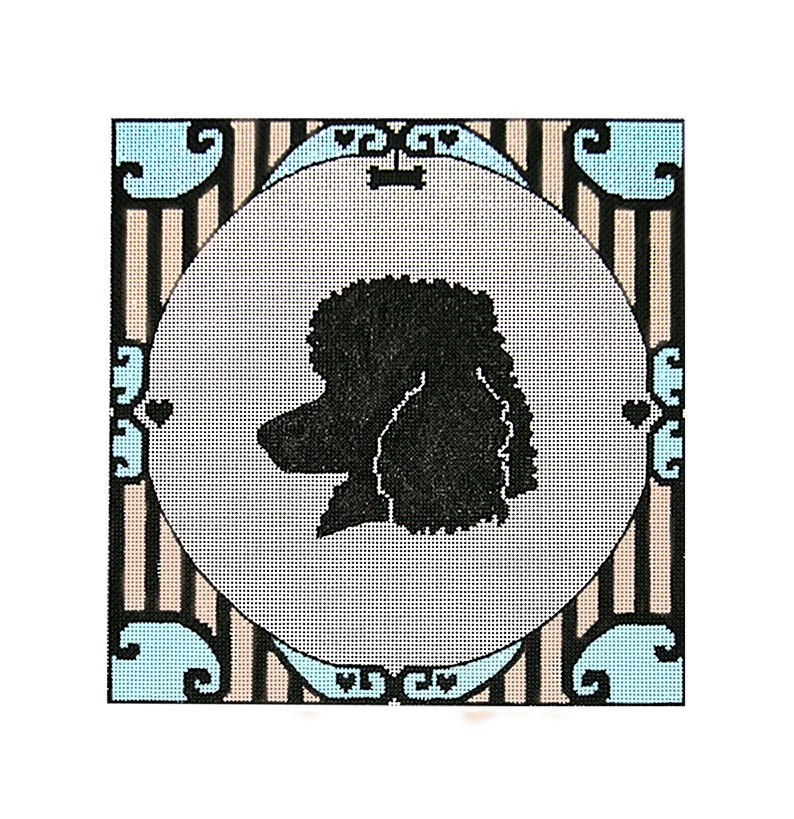 May include: A black silhouette of a poodle's head is centered in a white circle. The circle is surrounded by a brown and beige striped pattern with blue and white swirls in the corners.