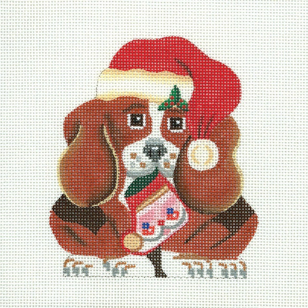 NEEDLEPOINT SALE /Hand painted Needlepoint Dog Christmas Ornament Canvas/Basset Hound