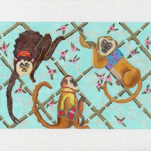 Handpainted Needlepoint Monkey Canvas - Brown, Aqua - Animal Needlepoint - Monkeys in Bamboo