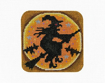 Halloween Needlepoint / Hand Painted Halloween Canvas / Black, Orange / Halloween Cookie / Witch Needlepoint