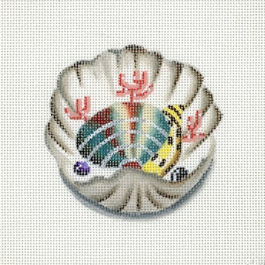 NEEDLEPOINT SALE /Needlepoint Sea Shell Canvas /Clam Shell with Green and Yellow Shells