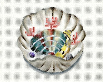 NEEDLEPOINT SALE /Needlepoint Sea Shell Canvas /Clam Shell with Green and Yellow Shells