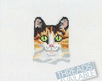 Calico Cat Needlepoint Canvas, Hand Painted Tiny Kitten Design