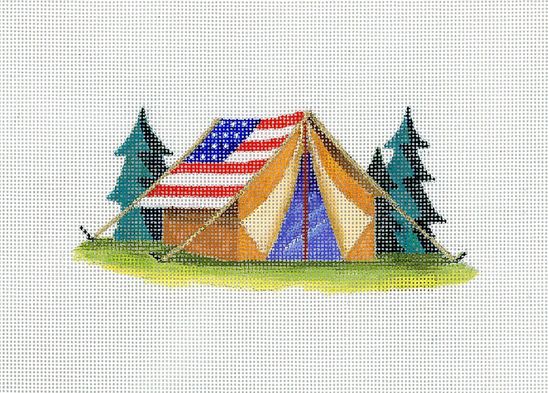 Needlepoint Camping Tent in American Flag Colors Patriotic Needlepoint Red White Tan and Green 18 mesh Blue