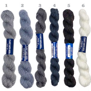 May include: Six skeins of Planet Earth Wool yarn in varying colors: light gray, blue-gray, dark gray, navy blue, black, and white. Each skein features a blue label with white text identifying the color name, lot number, and 30 yards of length.
