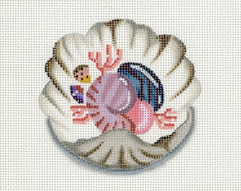 NEEDLEPOINT SALE/ Needlepoint Sea Shell Canvas /Clam Shell with Pink Nautilus