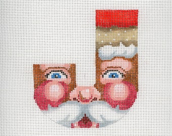 Needlepoint Santa Monogram / J / Handgeschilderd Needlepoint / Rood en Wit