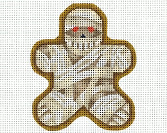 Halloween Needlepoint / Hand Painted Halloween Canvas / Orange, Brown, White / Halloween Cookie / Mummy Needlepoint