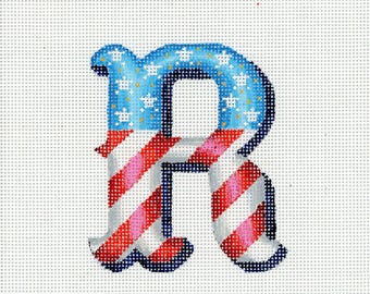 Needlepoint Monogram R in American Flag Colors / Patriotic Needlepoint / Red, White and Blue
