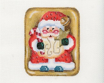 Santa Needlepoint / Painted Needlepoint / Hand Painted Santa Canvas / Red / Santa Cookie