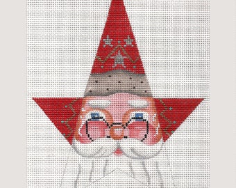 Santa Needlepoint / Hand Painted Santa Canvas / Red / Star Santa Face