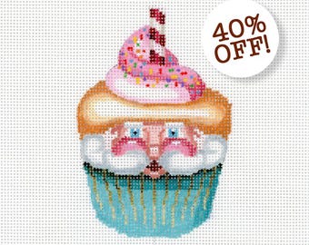 Santa Needlepoint Canvas / Painted Needlepoint / Santa Cupcake