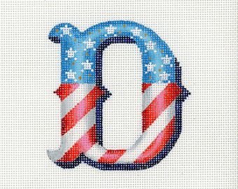 Needlepoint Monogram D in American Flag Colors / Patriotic Needlepoint / Red, White and Blue