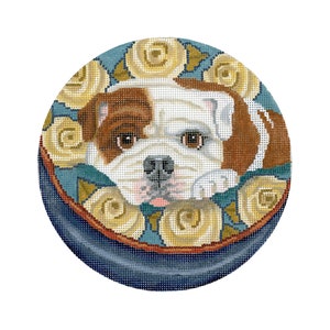Dog Needlepoint Canvas/Hand Painted Needlepoint Canvas/Bulldog on a Dog Bed