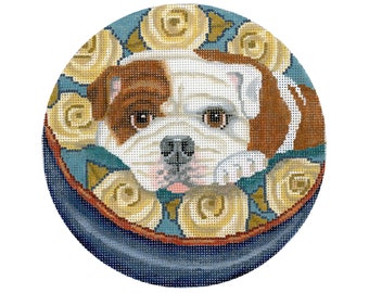 Dog Needlepoint Canvas/Hand Painted Needlepoint Canvas/Bulldog on a Dog Bed