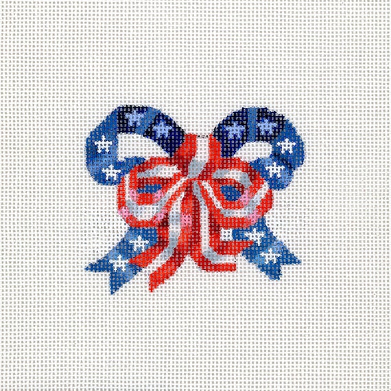 Blue Bow with Flowers Handpainted 18 Mesh Needlepoint Canvas with Threads